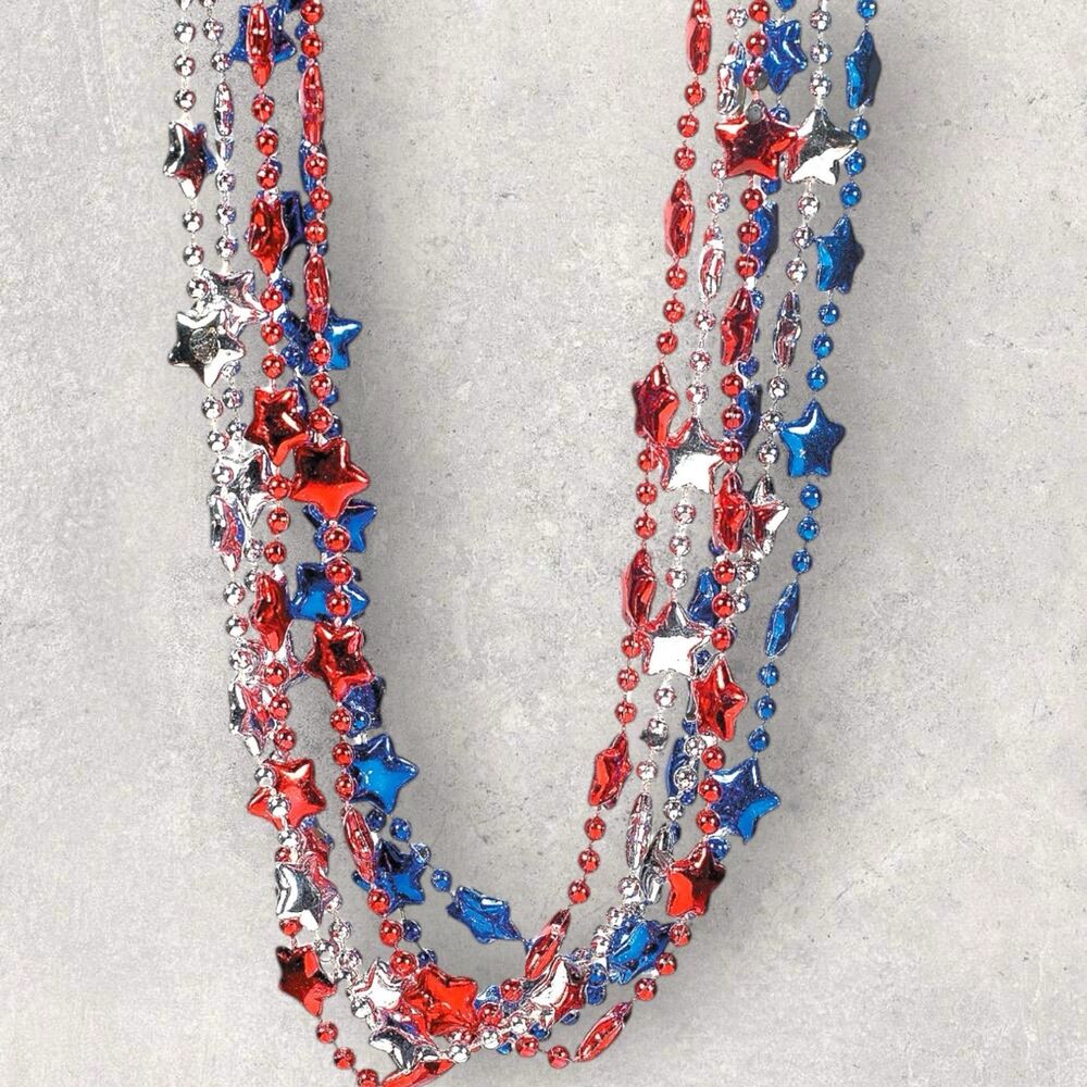 48 Metallic Patriotic Star Bead Necklaces Red Silver Blue Party Favors USA